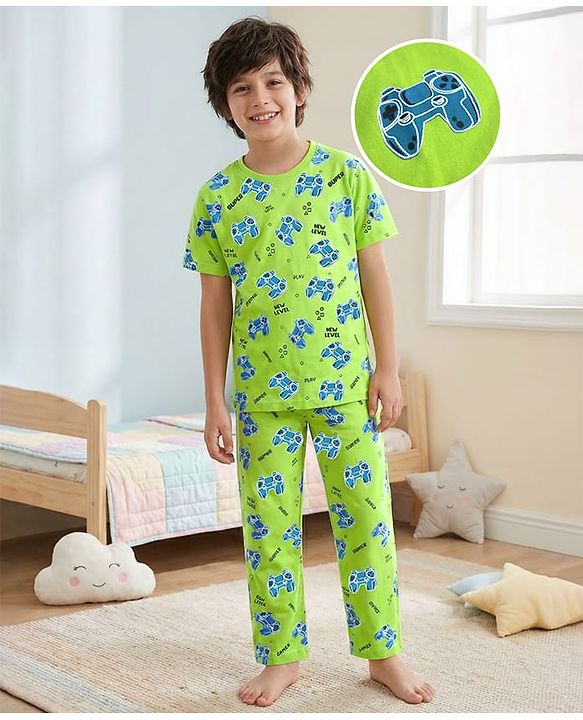 Pine Kids Single Jersey Knit Half Sleeves Co-Ord Night Suit With Gaming Print Theme - Limegreen