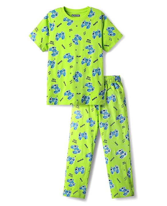 Pine Kids Single Jersey Knit Half Sleeves Co-Ord Night Suit With Gaming Print Theme - Limegreen