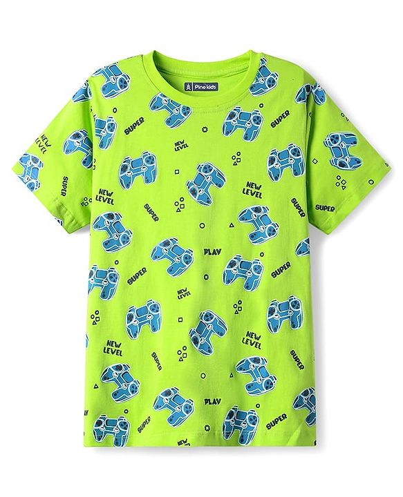 Pine Kids Single Jersey Knit Half Sleeves Co-Ord Night Suit With Gaming Print Theme - Limegreen