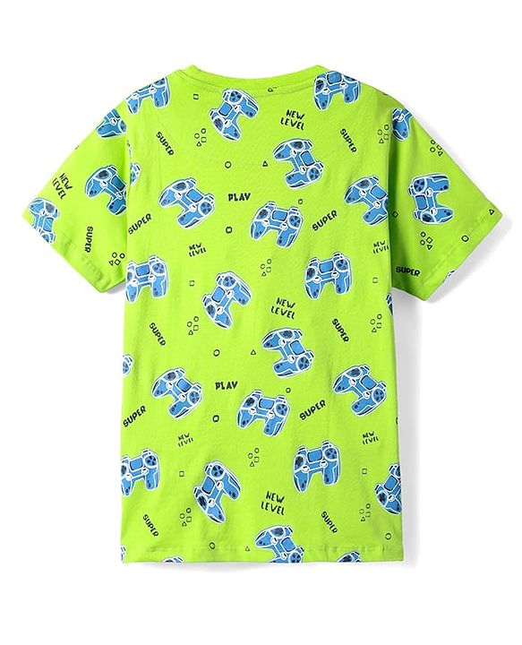 Pine Kids Single Jersey Knit Half Sleeves Co-Ord Night Suit With Gaming Print Theme - Limegreen