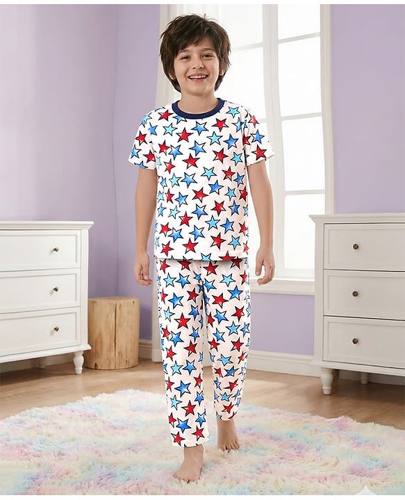Pine Kids Single Jersey Knit Half Sleeves Co-Ord Night Suit With Star Print - White