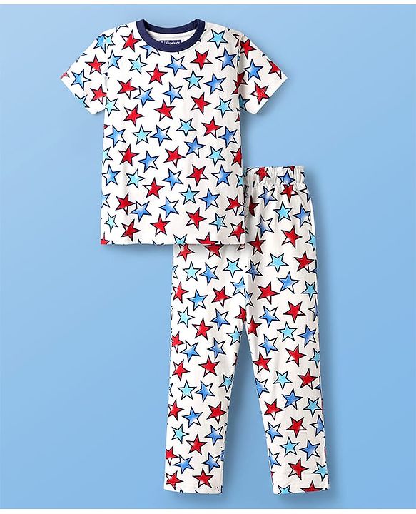 Pine Kids Single Jersey Knit Half Sleeves Co-Ord Night Suit With Star Print - White
