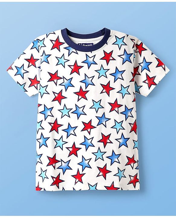 Pine Kids Single Jersey Knit Half Sleeves Co-Ord Night Suit With Star Print - White