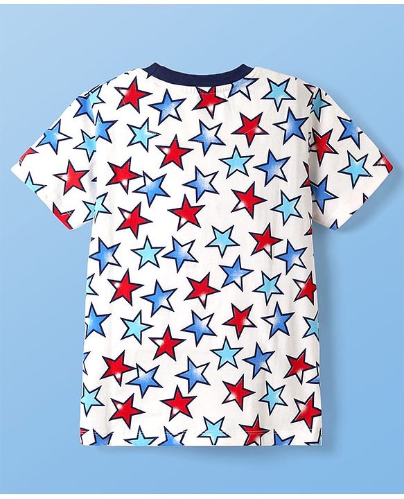 Pine Kids Single Jersey Knit Half Sleeves Co-Ord Night Suit With Star Print - White