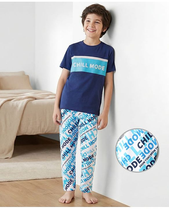 Pine Kids Single Jersey Knit Half Sleeves Night Suit With Chill Mode Print - Navy Blue