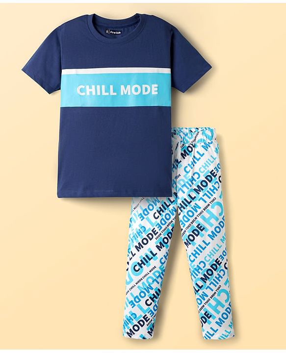 Pine Kids Single Jersey Knit Half Sleeves Night Suit With Chill Mode Print - Navy Blue
