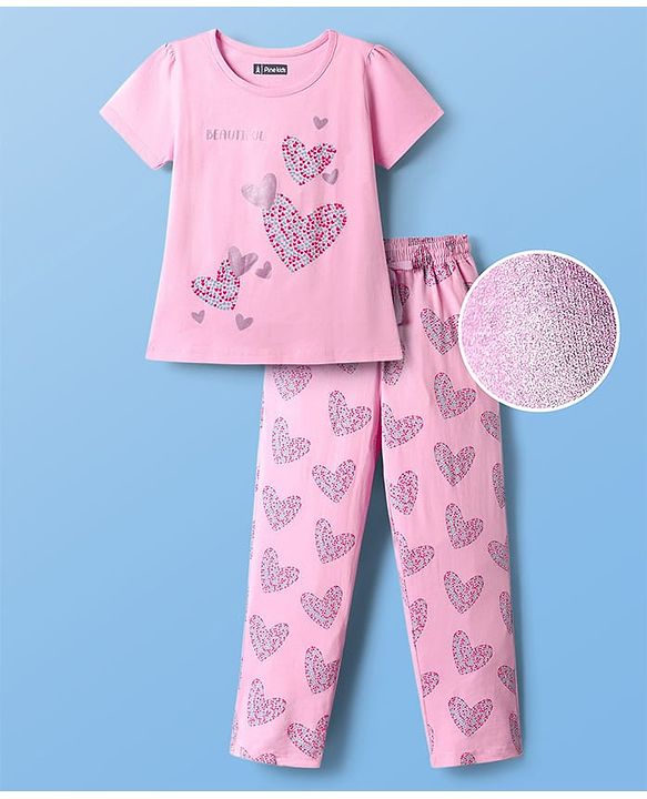 Pine Kids Single Jersey Knit Half Sleeves Night Suit With Hearts Print - Pink