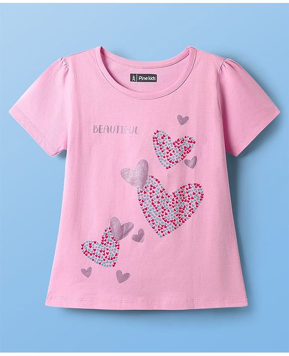 Pine Kids Single Jersey Knit Half Sleeves Night Suit With Hearts Print - Pink