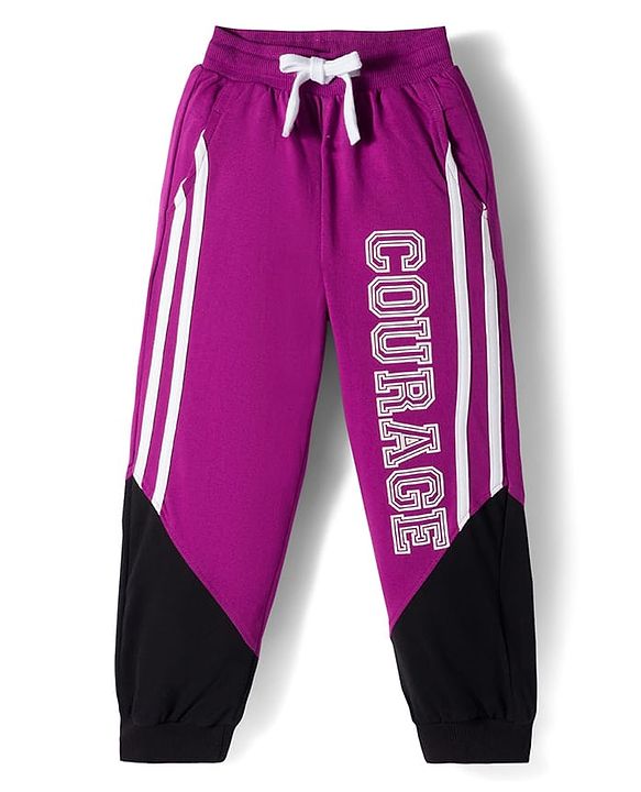 Pine Kids Cotton Knit Full Length Lounge Pant With Text Print & Tape Detailing - Violet