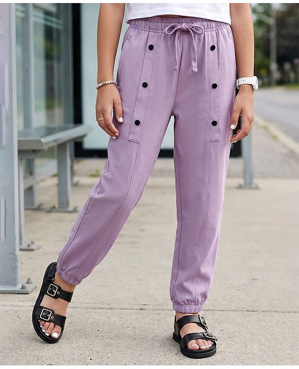 Pine Kids Cotton Knit Full Length Lounge Pant with Button Detailing - Lavender