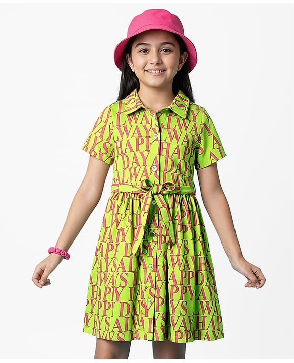 Pine Kids 100% Cotton Half Sleeves Text Printed Shirt Dress With Collar Neck & Belt - Green