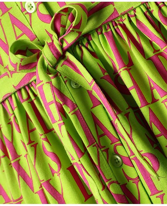 Pine Kids 100% Cotton Half Sleeves Text Printed Shirt Dress With Collar Neck & Belt - Green