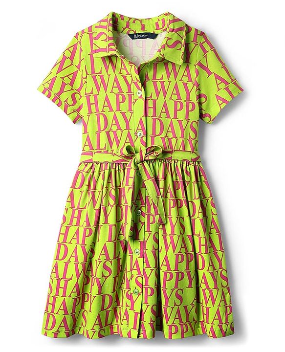 Pine Kids 100% Cotton Half Sleeves Text Printed Shirt Dress With Collar Neck & Belt - Green