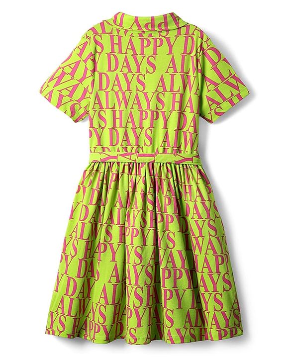Pine Kids 100% Cotton Half Sleeves Text Printed Shirt Dress With Collar Neck & Belt - Green
