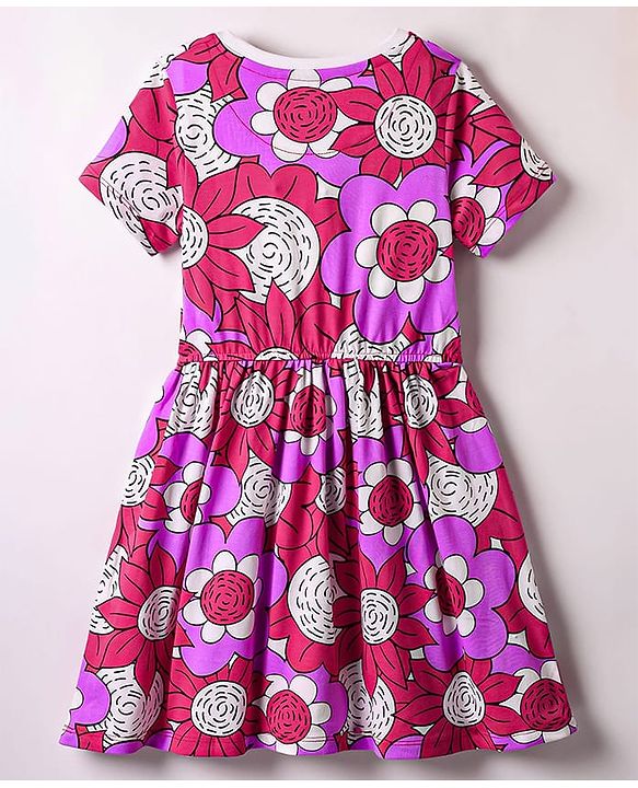 Pine Kids Cotton Knit Half Sleeves Frock With Floral Print - Multicolor