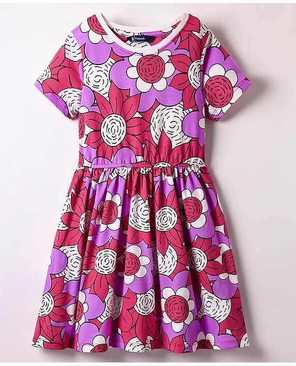 Pine Kids Cotton Knit Half Sleeves Frock With Floral Print - Multicolor
