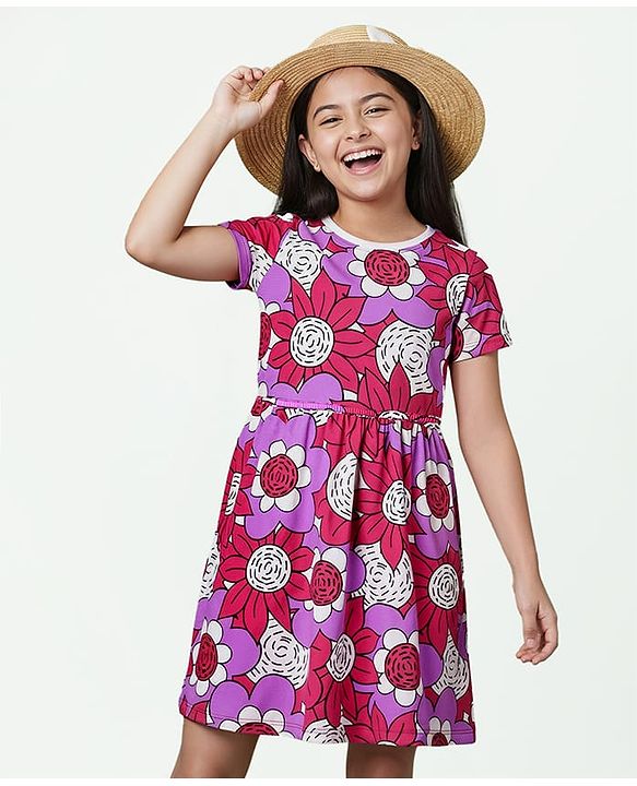 Pine Kids Cotton Knit Half Sleeves Frock With Floral Print - Multicolor