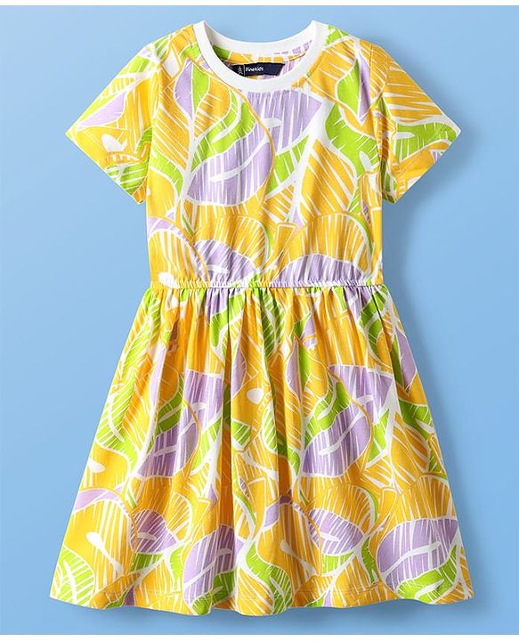 Pine Kids Cotton Knit Half Sleeves Frocks With Abstract Print - Yellow