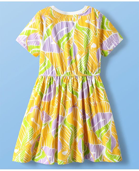 Pine Kids Cotton Knit Half Sleeves Frocks With Abstract Print - Yellow