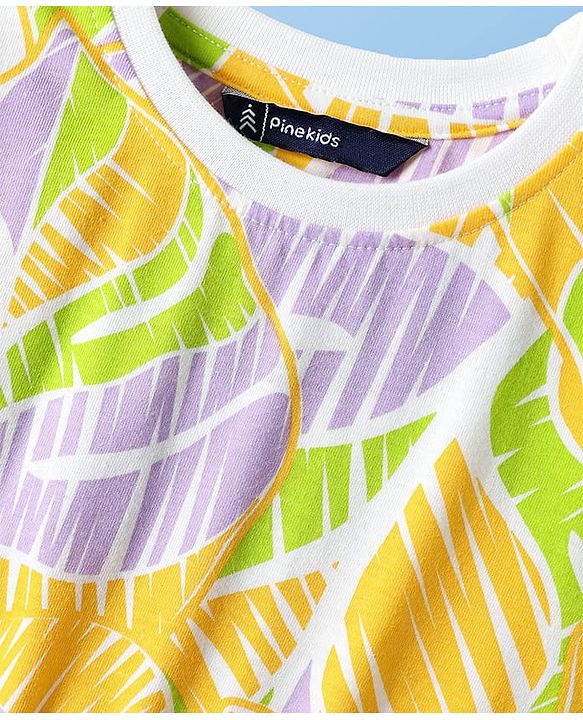 Pine Kids Cotton Knit Half Sleeves Frocks With Abstract Print - Yellow