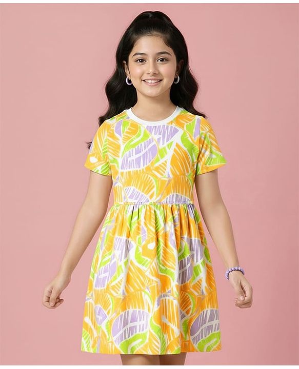 Pine Kids Cotton Knit Half Sleeves Frocks With Abstract Print - Yellow