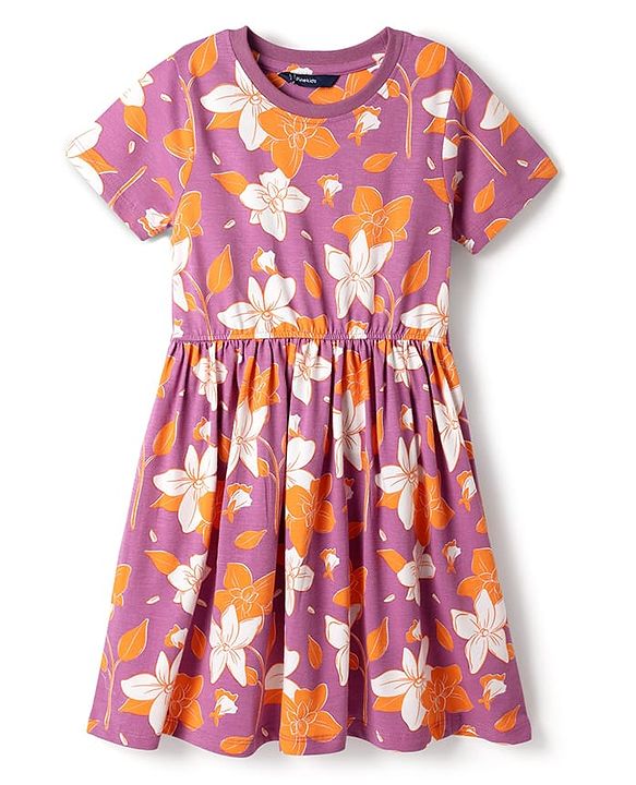 Pine Kids Cotton Knit Half Sleeves Frock With Floral Print - Fuchsia