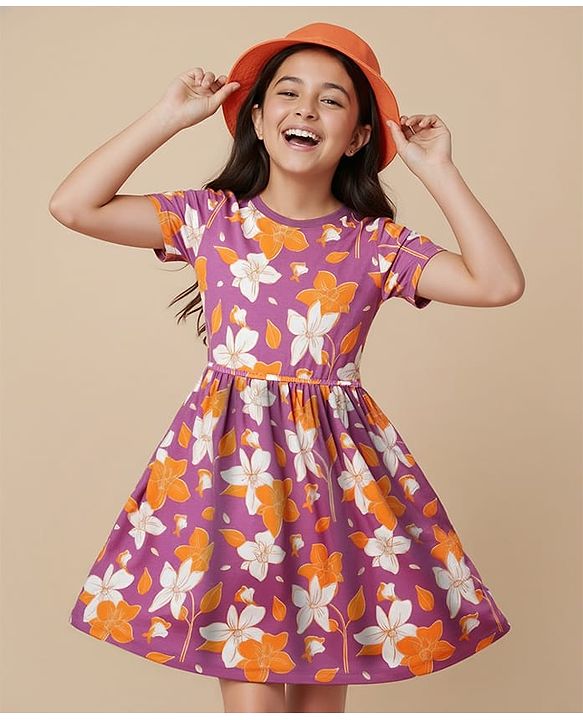 Pine Kids Cotton Knit Half Sleeves Frock With Floral Print - Fuchsia