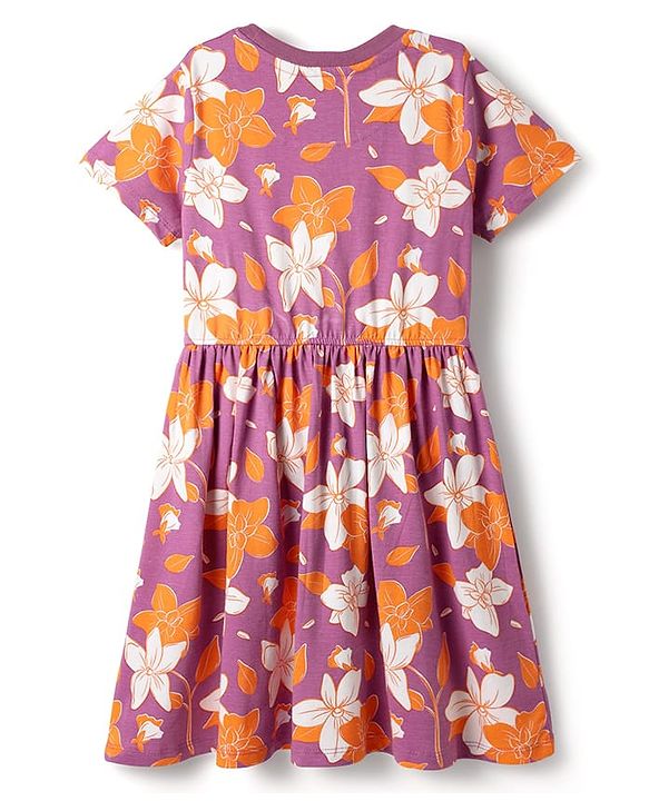 Pine Kids Cotton Knit Half Sleeves Frock With Floral Print - Fuchsia