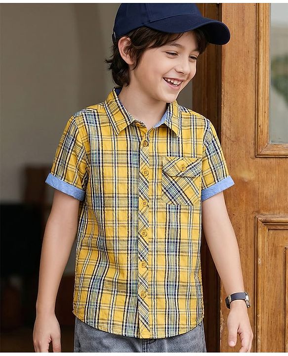 Pine Kids Cotton Woven Half Sleeves Checks Shirt - Yellow