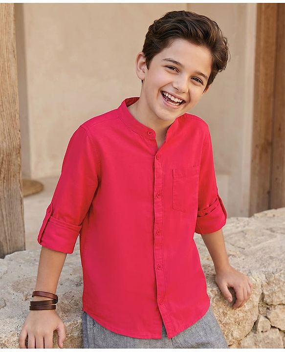 Pine Kids 100% Cotton Full Sleeves Solid Coloured Shirt With Mandarin Collar - Red