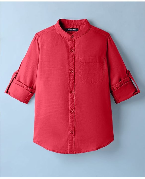 Pine Kids 100% Cotton Full Sleeves Solid Coloured Shirt With Mandarin Collar - Red