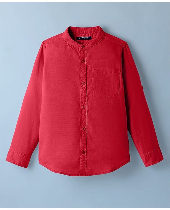 Pine Kids 100% Cotton Full Sleeves Solid Coloured Shirt With Mandarin Collar - Red