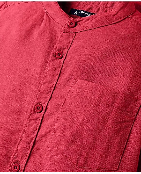 Pine Kids 100% Cotton Full Sleeves Solid Coloured Shirt With Mandarin Collar - Red