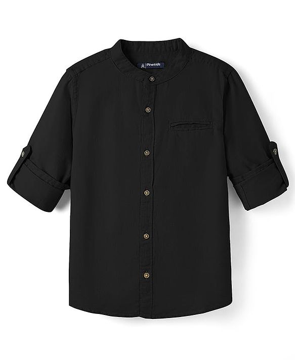 Pine Kids Cotton Woven Full Sleeves Mandarin Collar Solid Shirt - Black