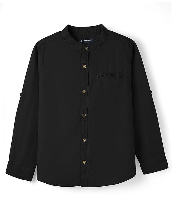 Pine Kids Cotton Woven Full Sleeves Mandarin Collar Solid Shirt - Black