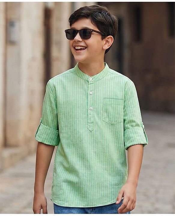 Pine Kids 100% Cotton Full Sleeves Stripes Shirt With Mandarin Collar - Light Green