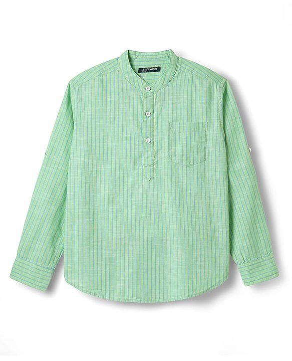 Pine Kids 100% Cotton Full Sleeves Stripes Shirt With Mandarin Collar - Light Green