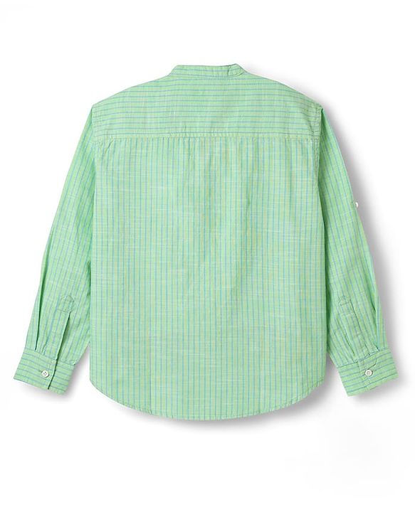 Pine Kids 100% Cotton Full Sleeves Stripes Shirt With Mandarin Collar - Light Green