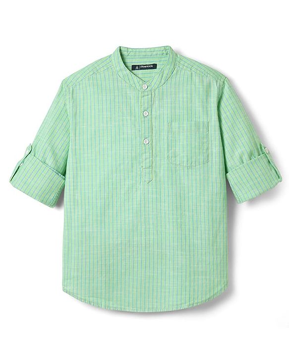 Pine Kids 100% Cotton Full Sleeves Stripes Shirt With Mandarin Collar - Light Green
