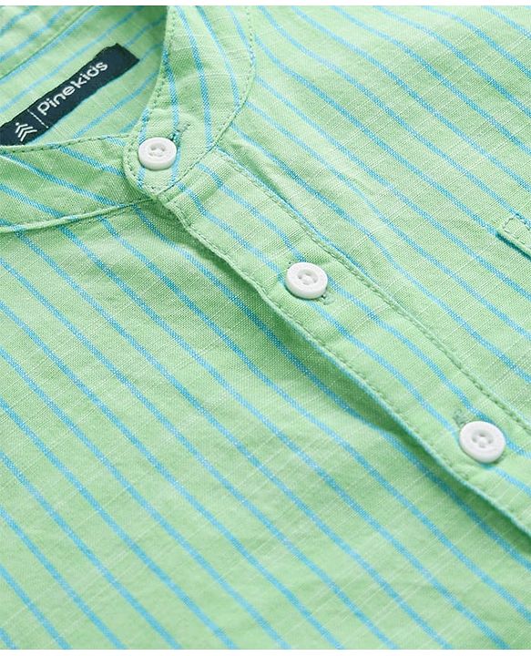 Pine Kids 100% Cotton Full Sleeves Stripes Shirt With Mandarin Collar - Light Green