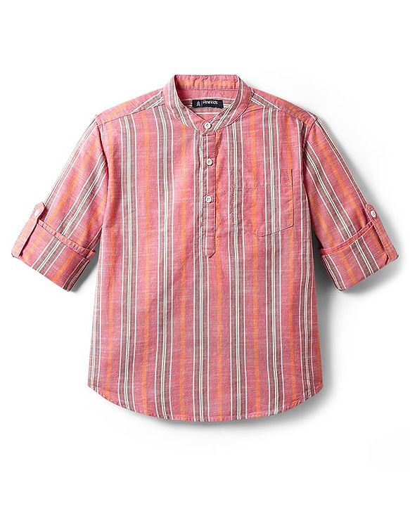 Pine Kids 100% Cotton Full Sleeves Stripes Shirt With Mandarin Collar - Multicolour