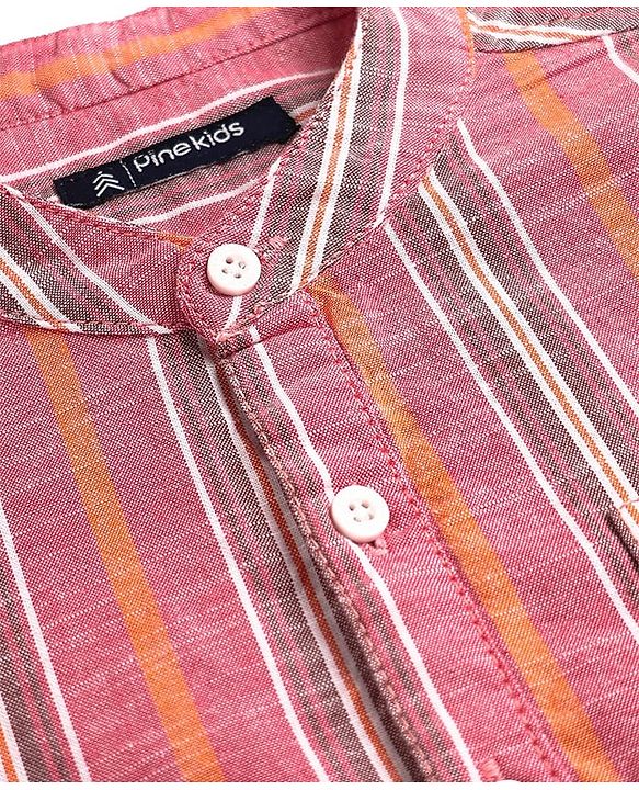Pine Kids 100% Cotton Full Sleeves Stripes Shirt With Mandarin Collar - Multicolour