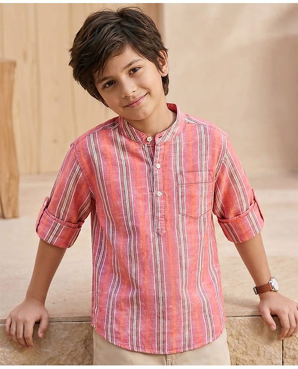 Pine Kids 100% Cotton Full Sleeves Stripes Shirt With Mandarin Collar - Multicolour