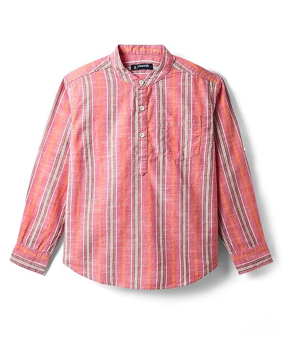 Pine Kids 100% Cotton Full Sleeves Stripes Shirt With Mandarin Collar - Multicolour