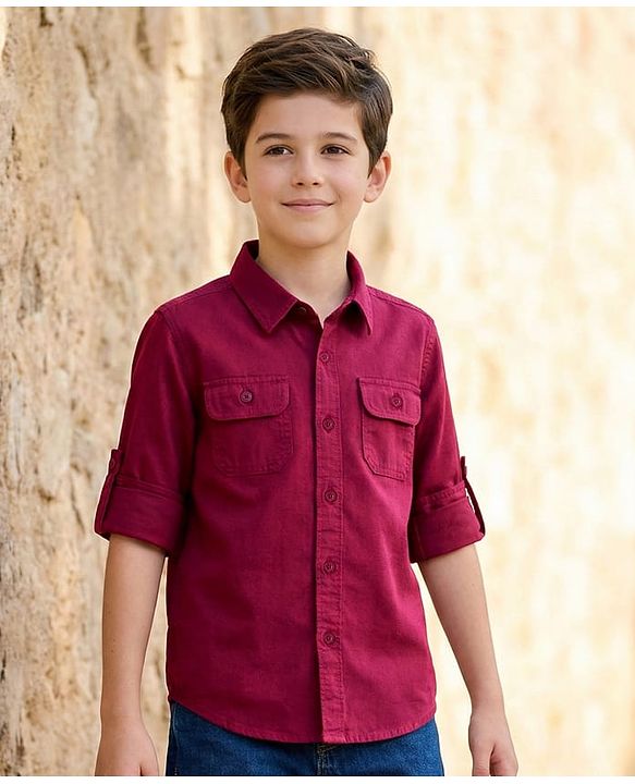 Pine Kids Cotton Woven Full Sleeves Solid Colour Shirt - Maroon
