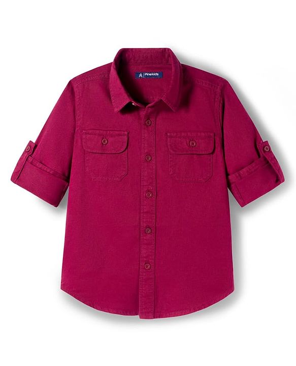Pine Kids Cotton Woven Full Sleeves Solid Colour Shirt - Maroon