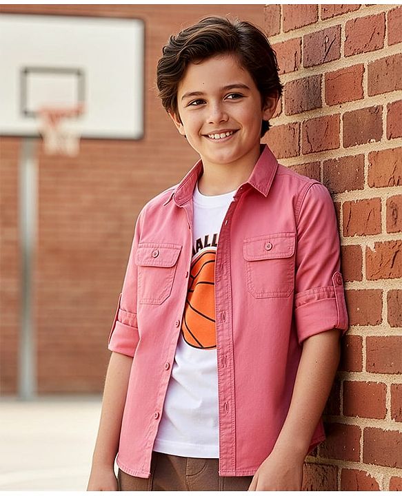 Pine Kids Cotton Woven Full Sleeves Solid Color Shirt With Text Printed T-Shirt - Light Red & White