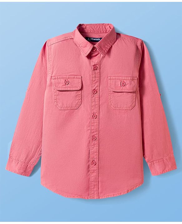 Pine Kids Cotton Woven Full Sleeves Solid Color Shirt With Text Printed T-Shirt - Light Red & White
