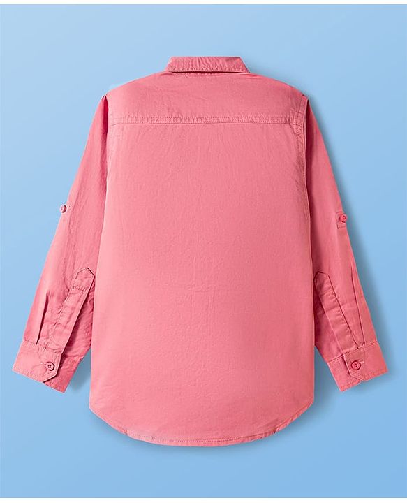 Pine Kids Cotton Woven Full Sleeves Solid Color Shirt With Text Printed T-Shirt - Light Red & White