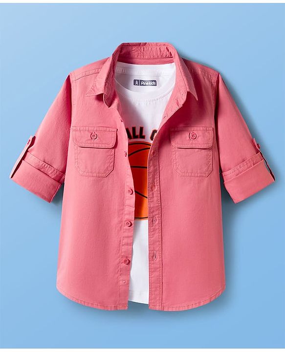 Pine Kids Cotton Woven Full Sleeves Solid Color Shirt With Text Printed T-Shirt - Light Red & White